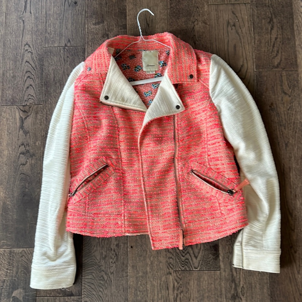 Anthropologie pink and white biker jacket